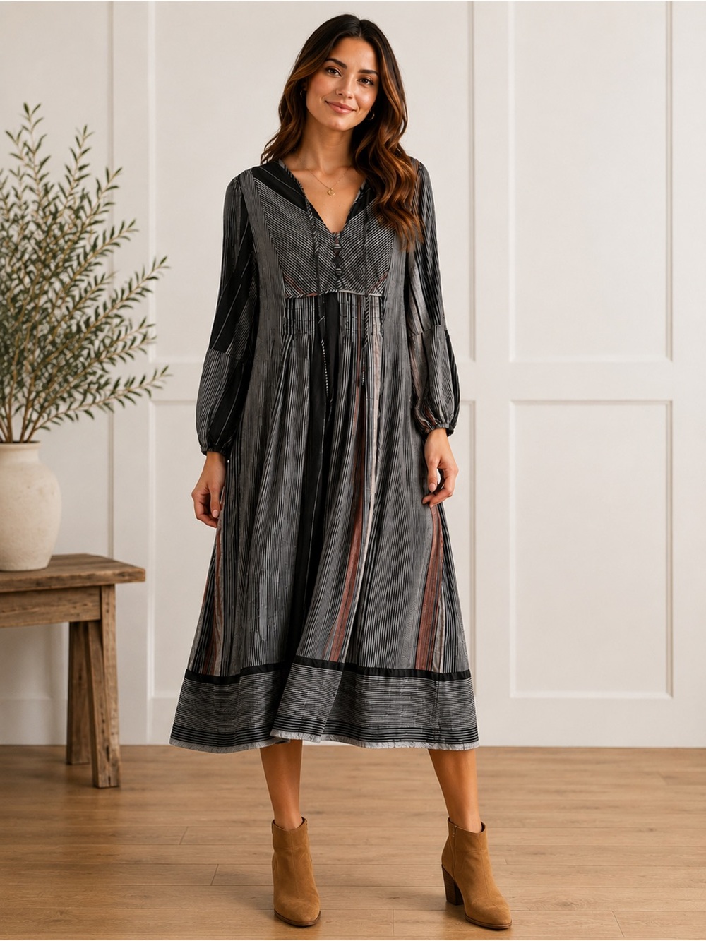 Striped Boho Midi Dress | Size Medium | Long Sleeve